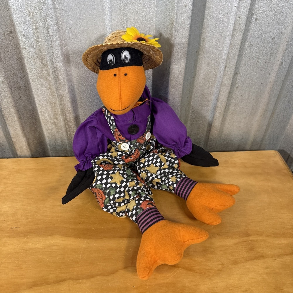 Vtg Halloween Crow Wearing Straw Hat Plush shelf sitters 1999 20" Weighted